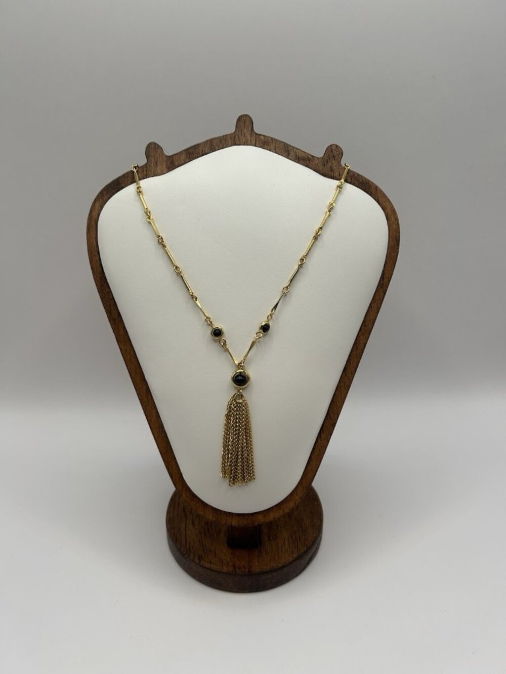 Gold Tone Necklace Tassel Pendant With Black Beads Vintage Elegant Jewelry